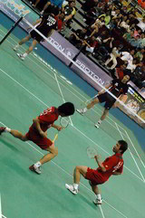Pump it up: Koreans LEE Yong Dae & JUNG Jae Sung celebrate a win Korean Badminton Doubles Players LEE Yong Dae and JUNG Jae Sung